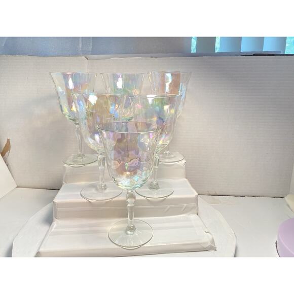 6 Fostoria Crystal Pearl Shell Iridescent Wine Glasses Loop Optics - Picture 6 of 15